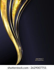 BLACK ABSTRACT BACKGROUND WITH VERTICAL GOLDEN SHAPES VECTOR ILLUSTRATION. ELEGANT GOLD ABSTRACT BACKGROUND WITH METALIC SHAPES. GRADIENT GOLDEN LUXURY BACKGROUND VECTOR