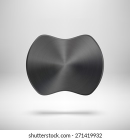 Black abstract badge, blank button template with metal texture (chrome, silver, steel), realistic shadow and light background for web user interfaces, UI, applications and apps. Vector illustration.
