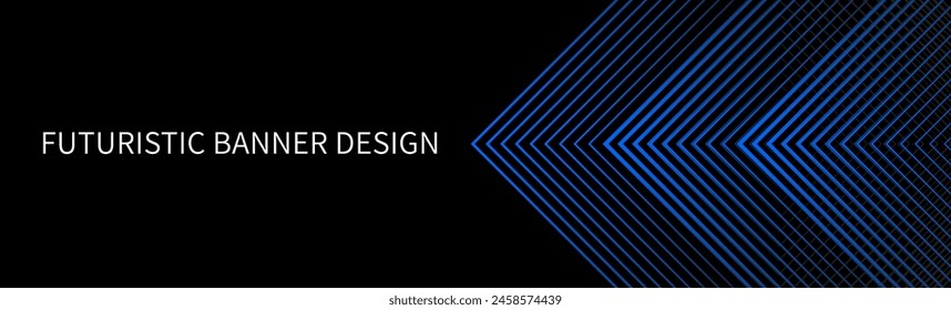 Black abstract banner with blue triangular pattern, modern geometric texture, diagonal rays and angles. Background template	