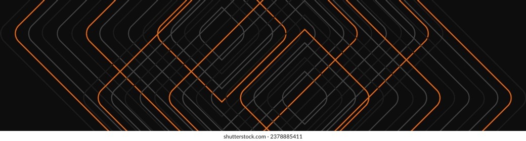 Black abstract banner wide horizontal background with orange and gray lines, arrows and angles texture pattern. Vector illustration