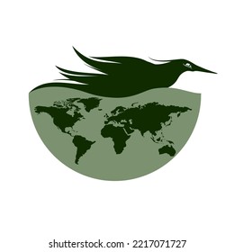 Black Abstract Bird Silhouette And Pale Green Globe Cutout. Vector Illustration Design Of Home Earth For Birds.