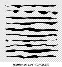 Black abstract brush long thin strokes isolated on imitation transparent background