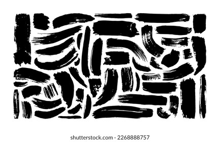 Black abstract brush stroke painting element set. Modern paint line collection in monochrome color. Messy graffiti sketch symbol, rough hand drawn border texture.