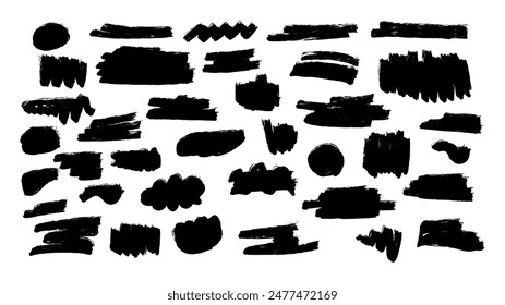 Black abstract brush strokes in varying shapes and sizes, displayed against a white canvas. For creative design endeavors or as a backdrop for artistic lettering. On a white background