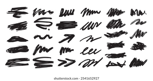 Black abstract brushstrokes, lines, squiggles and swirls set. Vector hand drawn illustration for decorations and various designs. Vector illustration