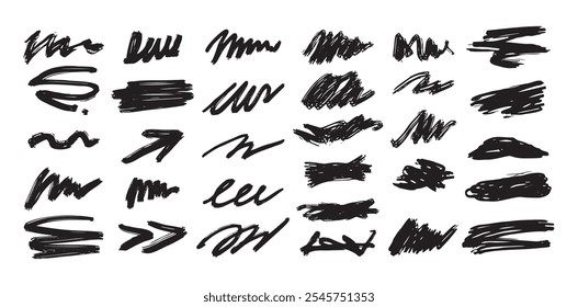 Black abstract brushstrokes, lines, squiggles and swirls set. Vector hand drawn illustration for decorations and various designs. Vector illustration