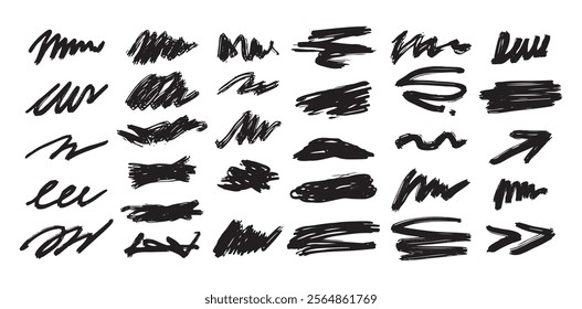 Black abstract brushstrokes, lines, squiggles and swirls set. Vector hand drawn illustration for decorations and various designs. Vector illustration