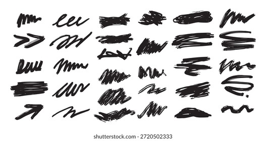 Schwarze abstrakte Pinselstriche, Linien, Schnörkel und Drallsätze. Handgezeichnete Vektorgrafik für Dekorationen und verschiedene Designs. Vektorgrafik