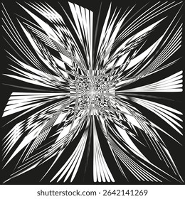 Black abstract burst. Fragmented dynamic form. Exploding line pattern. Vector energy illustration.