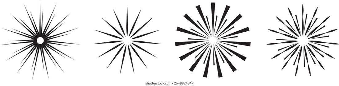 Black abstract burst shapes in a minimalist radial style, representing sparkle, fireworks, energy, explosion, or highlight effects, perfect for icons, logos, and graphic overlays.