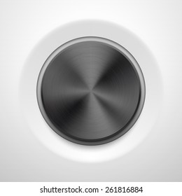 Black abstract button template, technology volume knob with realistic metal texture (chrome, steel, silver) and light background for web, user interfaces, UI, applications, apps. Vector illustration.