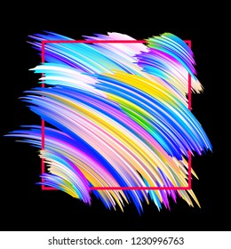 Black abstract card with square frame and colorful brush strokes. Creative design template. Vector paper background.