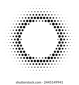 Black abstract circle frame with halftone dots. Vector emblem design element isolated on white background. Round border with dots texture.