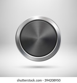 Black Abstract circle geometric badge, technology perforated button template with metal texture, chrome, silver, steel and realistic shadow for logo, design concepts, apps. Vector illustration.