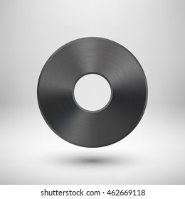 Black Abstract circle geometric badge, technology perforated button template with metal texture, chrome, silver, steel and realistic shadow for logo, design concepts, apps. Vector illustration.