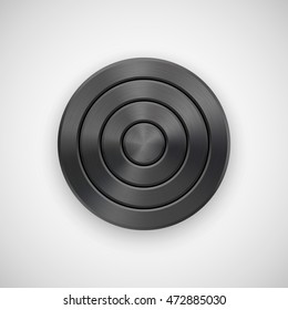 Black Abstract circle geometric badge, technology perforated button template with metal texture, chrome, silver, steel and realistic shadow for logo, design concepts, apps. Vector illustration.