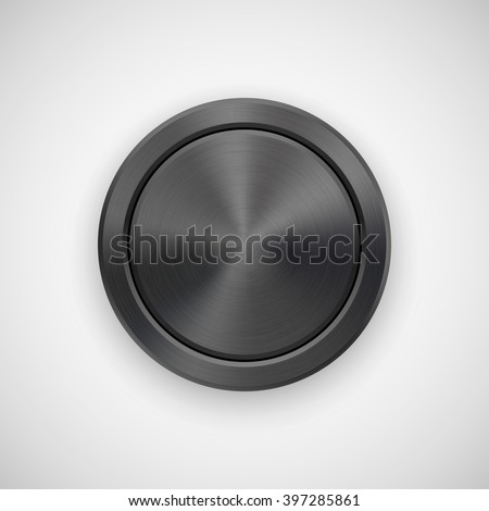 Black Abstract circle geometric badge, technology perforated button template with metal texture, chrome, silver, steel and realistic shadow for logo, design concepts, apps. Vector illustration.