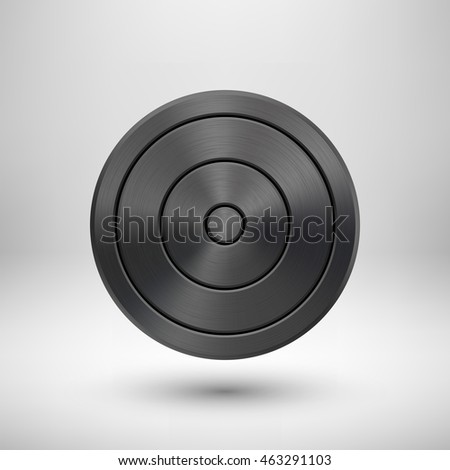 Black Abstract circle geometric badge, technology perforated button template with metal texture, chrome, silver, steel and realistic shadow for logo, design concepts, apps. Vector illustration.