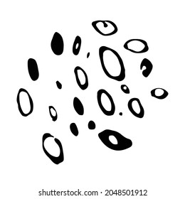 Formas, puntos y anillos de círculo abstractos negros sobre un fondo blanco. Elementos gráficos vectoriales para afiches, textiles, tela. Elementos aleatorios para el diseño.