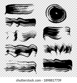 Black abstract  circle and wavy thick brush textured strokes on imitation transparent background