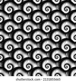 Black abstract circles spiral halftone seamless pattern on the white background. Vector illustration.