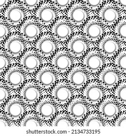 Black abstract circles spiral halftone seamless pattern on the white background. Vector illustration.