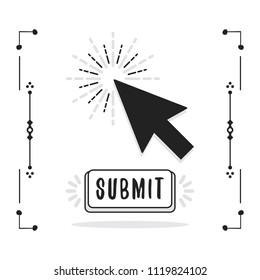 Black abstract close up click cursor pointer and Submit button icons on white background