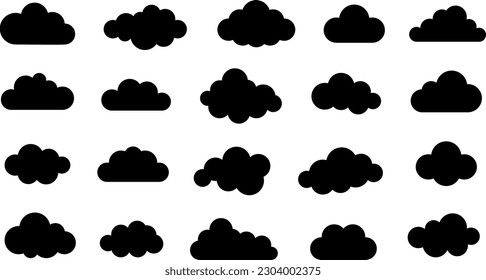 Conjunto de ilustraciones en la nube abstractas y negras. Colección de nubes esponjosas y mullidas. Forma negra nublada aislada en un fondo azul. Elemento de decoración de vector plano.