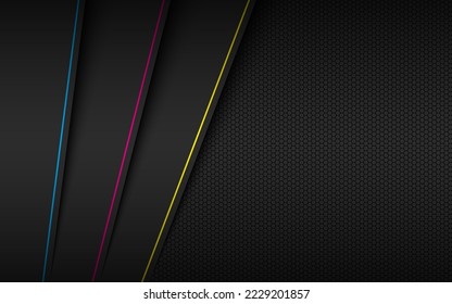 Fondo negro abstracto de la cmyk. capas superpuestas con líneas diagonales en colores de cmyk y textura hexagonal. Imprimir diseño de metal oscuro. Ilustración del vector