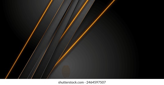 Schwarzer abstrakter Corporate Hintergrund mit goldenen und neonfarbenen Linien. Futuristisches technisches Vektorgrafik-Design