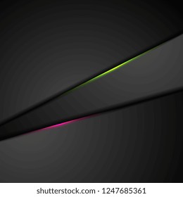Black abstract corporate background with green and pink glowing light. Vector design