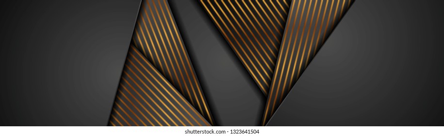 Black abstract corporate banner with bronze lines. Vector background