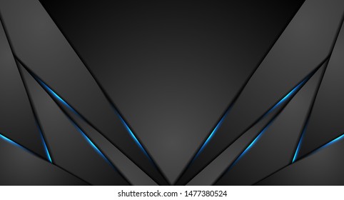 Black abstract corporate graphic design with blue glowing light. Technology concept background. Vector illustration