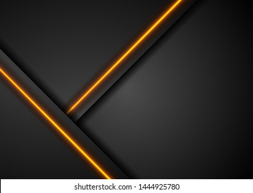 Black abstract corporate material composition, tech vector design. Fiery orange glowing neon lines futuristic background