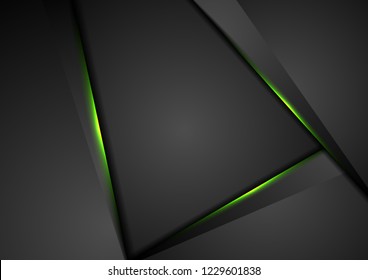 Black abstract corporate tech background with green glowing neon light. Vector design