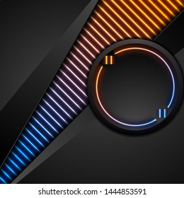 Fondo de tecnología corporativa abstracta en negro con textura de líneas láser. Fondo geométrico luminoso de neón brillante azul y naranja. Diseño de burbuja de voz de cita circular. Ilustración del vector