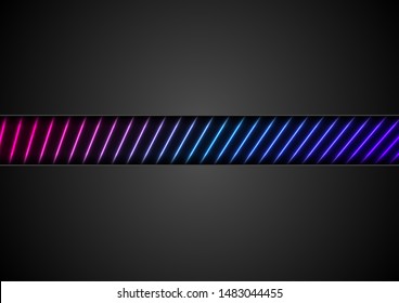 Black abstract corporate technology background with laser lines texture. Blue and purple glowing neon luminous geometric backdrop. Vector illustration