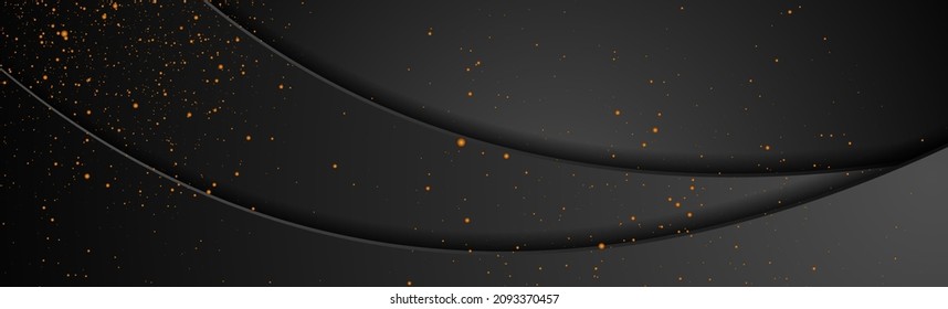 Black abstract corporate wavy background with golden dots. Vector design