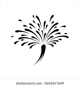 A black abstract design depicts a dynamic splash or explosion of ink. Multiple teardrop shapes and streaks emanate outwards from a central, thick stem, suggesting rapid motion and energy.