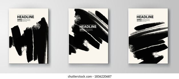Black abstract design. Ink paint on brochure, Monochrome element isolated on white. Grunge banner paints. Simple composition. Liquid ink. Background for banner, card, poster, web design. Vector set.