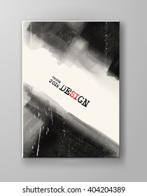 Black abstract design. Ink paint on brochure, Monochrome element isolated on white. Grunge banner paints. Simple composition. Liquid ink. Background for banner, card, poster, identity,web design.
