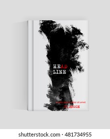 Black abstract design. Ink paint on brochure, Monochrome element isolated on white. Grunge banner paints. Simple composition. Liquid ink. Background for banner, card, poster, identity,web design.