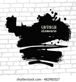 Black abstract design. Ink paint on brick wall background. Monochrome element isolated on white. Grunge banner paints. Simple composition. Liquid ink. Background for banner, card, poster,web design.