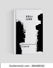 Black abstract design. Ink paint on brochure, Monochrome element isolated on white. Grunge banner paints. Simple composition. Liquid ink. Background for banner, card, poster, identity,web design.