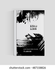 Black abstract design. Ink paint on brochure, Monochrome element isolated on white. Grunge banner paints. Simple composition. Liquid ink. Background for banner, card, poster, identity,web design.