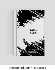 Black abstract design. Ink paint on brochure, Monochrome element isolated on white. Grunge banner paints. Simple composition. Liquid ink. Background for banner, card, poster, identity,web design.