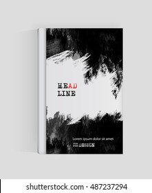 Black abstract design. Ink paint on brochure, Monochrome element isolated on white. Grunge banner paints. Simple composition. Liquid ink. Background for banner, poster, card, identity,web design.