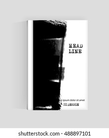 Black abstract design. Ink paint on brochure, Monochrome element isolated on white. Grunge banner paints. Simple composition. Liquid ink. Background for banner, card, poster, identity,web design.