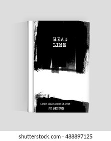 Black abstract design. Ink paint on brochure, Monochrome element isolated on white. Grunge banner paints. Simple composition. Liquid ink. Background for banner, card, poster, identity,web design.