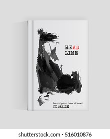Black abstract design. Ink paint on brochure, Monochrome element isolated on white. Grunge banner paints. Simple composition. Liquid ink. Background for banner, card, poster, identity,web design.